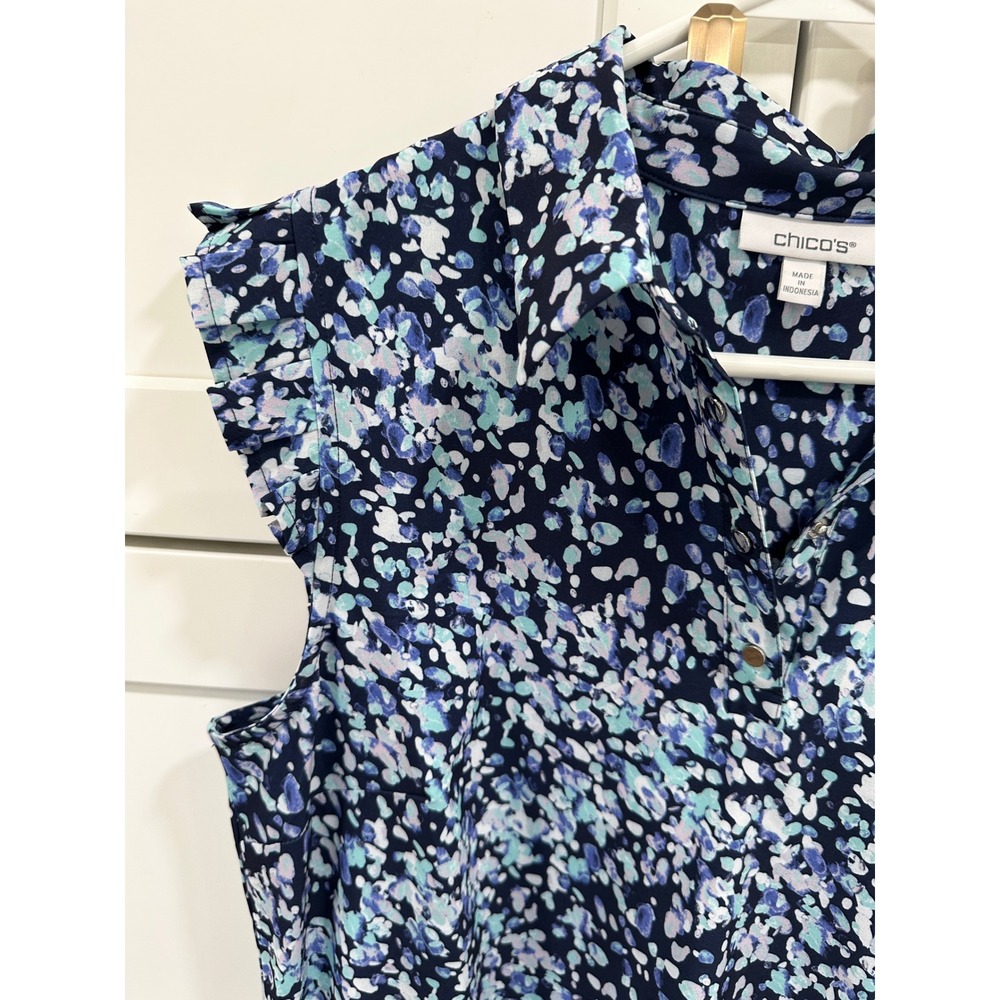 Chicos Zenergy Blue Purple Abstract Print Ruffle Sleeve Snap Front Dress Sz 1 M - Picture 2 of 6